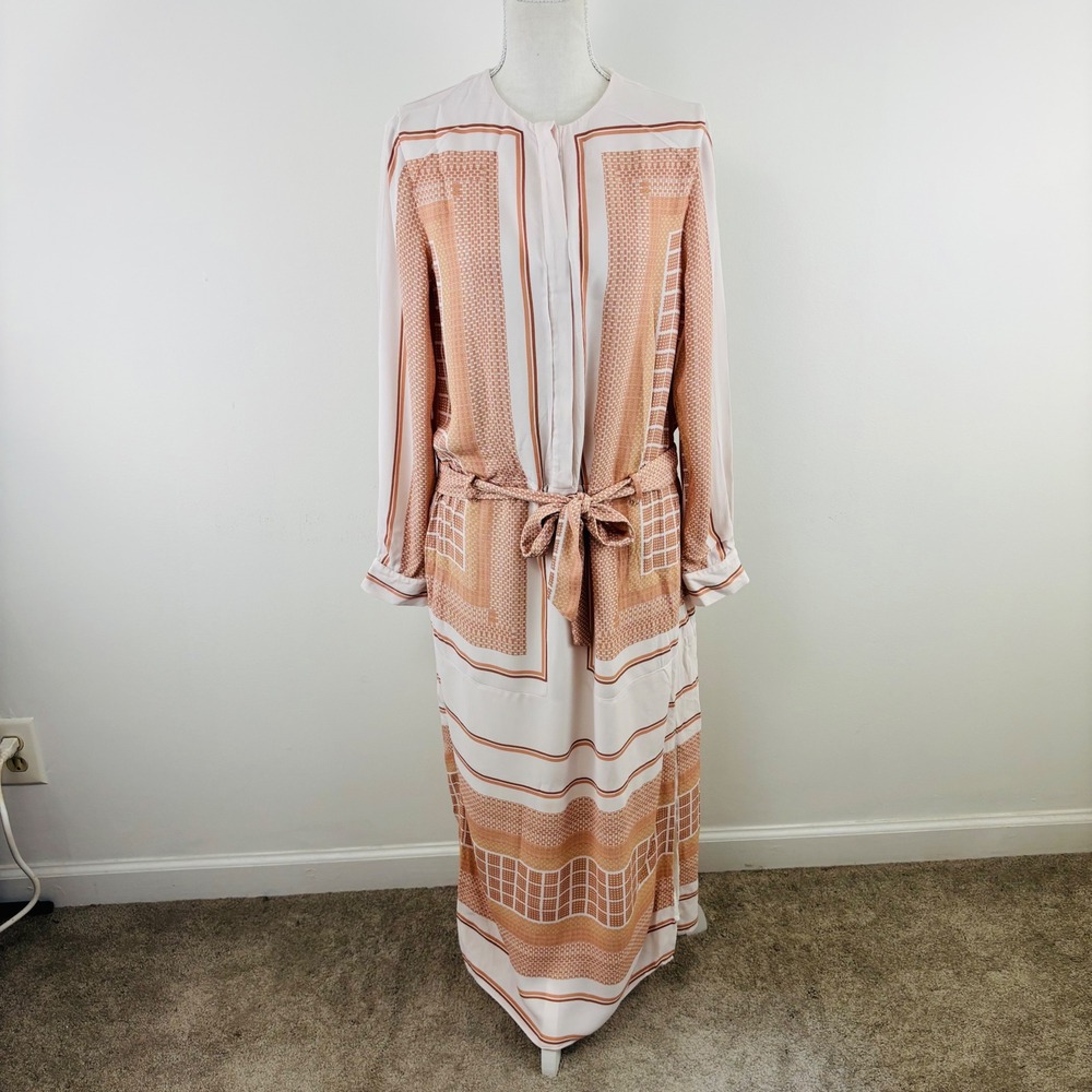 Reiss Harper Scarf Print Midi Dress Mono Nude White Print Shift Tie Waist Belt 6 - Picture 2 of 15